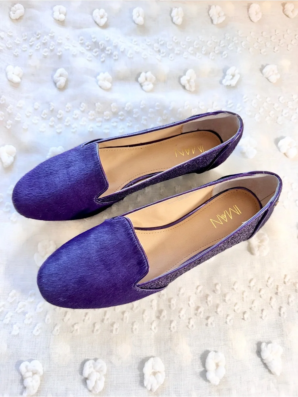 IMAN Purple Pony Hair Glitter Loafers 11 Smoking Slipper Glam Party Flats K21